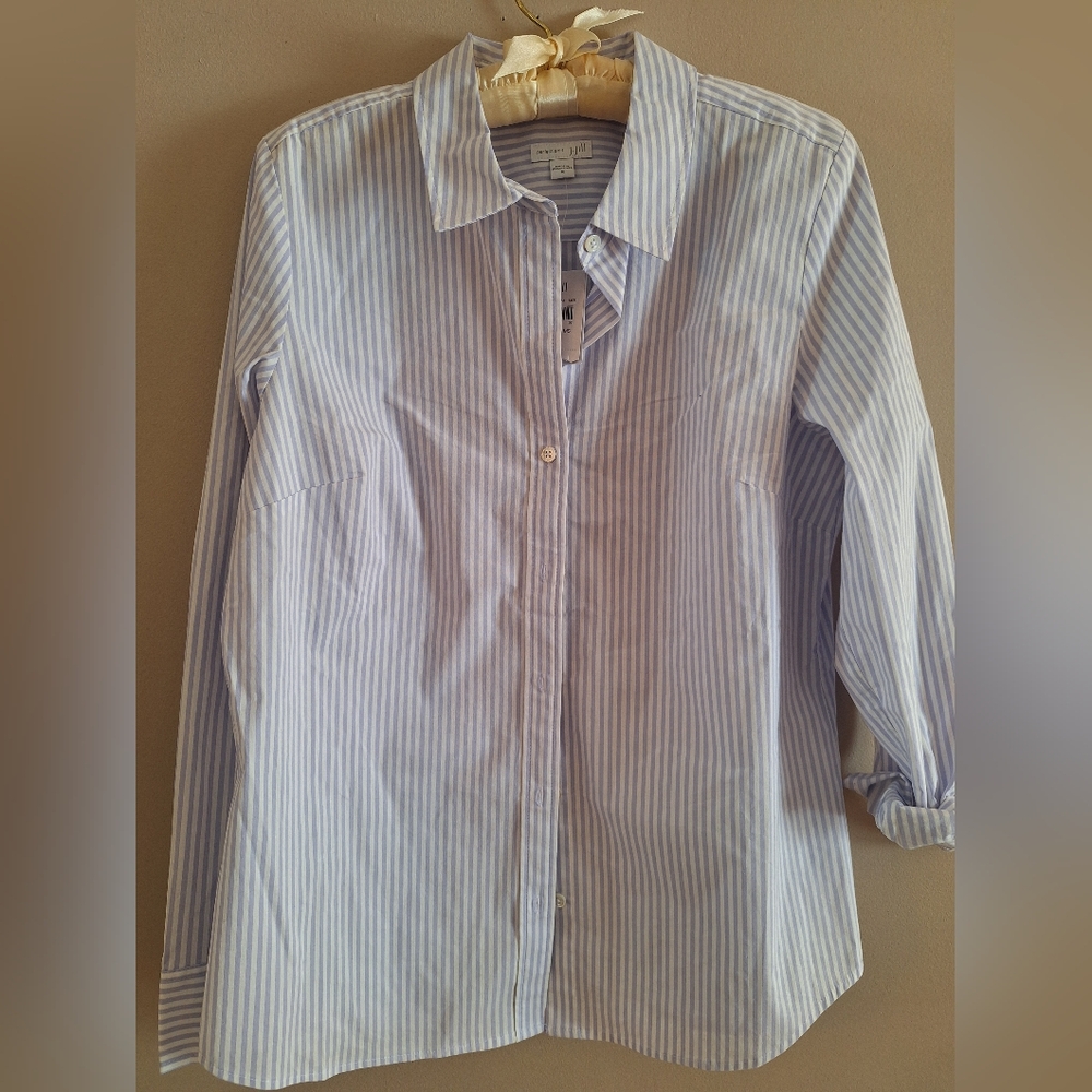J. Jill Women's Blue and White Striped Button Down Shirt